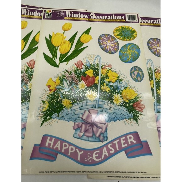 Vintage Lot of 4 Easter Egg Flower Basket Window Clings Vinyl Decoration - Picture 3 of 12
